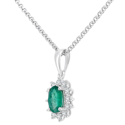 18ct White Gold  Diamond Oval 1ct Emerald Cluster Necklace 16" - DP1AXL605W18EM