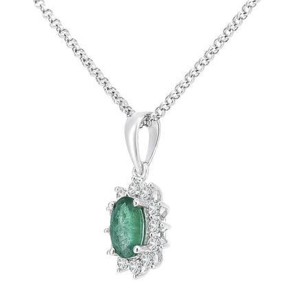 18ct White Gold  Diamond Oval 0.55ct Emerald Cluster Necklace 16" - DP1AXL605W18EM