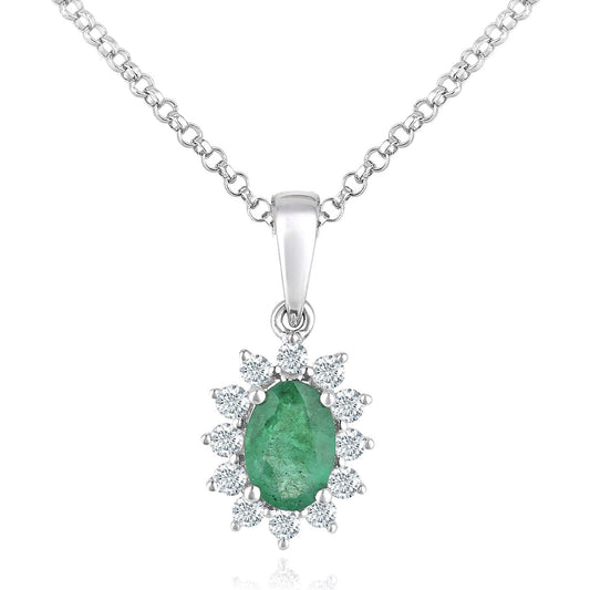 18ct White Gold  Diamond Oval 0.55ct Emerald Cluster Necklace 16" - DP1AXL605W18EM