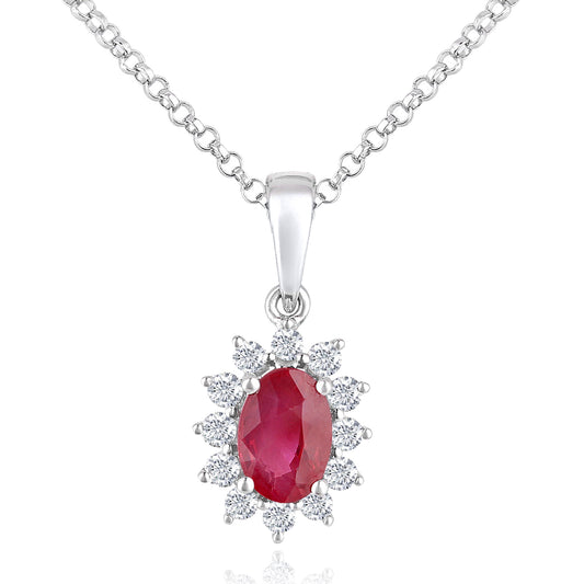 18ct White Gold  Diamond Oval 0.55ct Ruby Cluster Necklace 16" - DP1AXL605W18RU