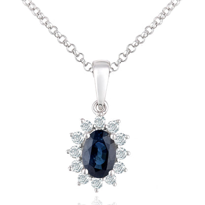 18ct White Gold  Diamond Oval 0.55ct Sapphire Cluster Necklace 16" - DP1AXL605W18SA