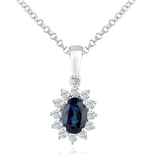 18ct White Gold  Diamond Oval 0.55ct Sapphire Cluster Necklace 16" - DP1AXL605W18SA