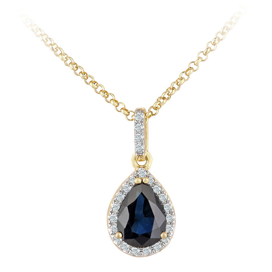 18ct Gold  7pts Diamond Pear 1ct Sapphire Cluster Necklace 16" - DP1AXL606Y18SA