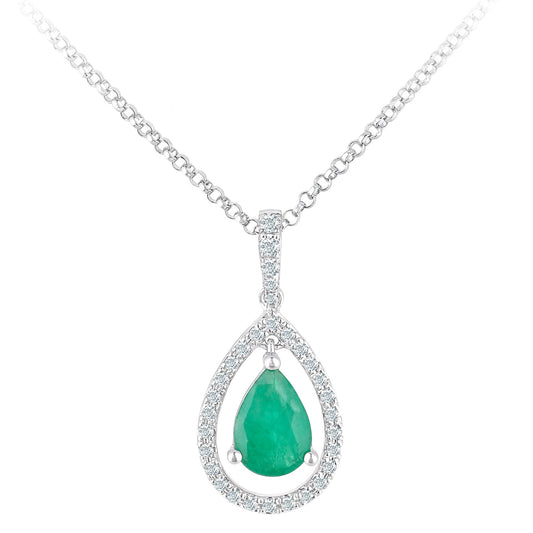 18ct White Gold  Diamond Pear 0.6ct Emerald Teardrop Necklace 16" - DP1AXL608W18EM