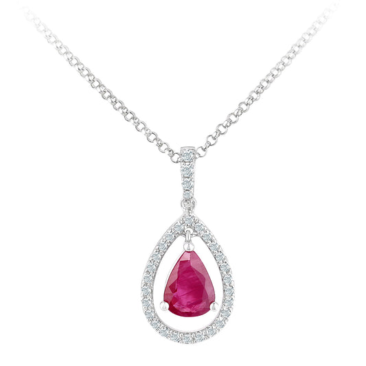18ct White Gold  Diamond Pear 0.7ct Ruby Teardrop Necklace 16" - DP1AXL608W18RU