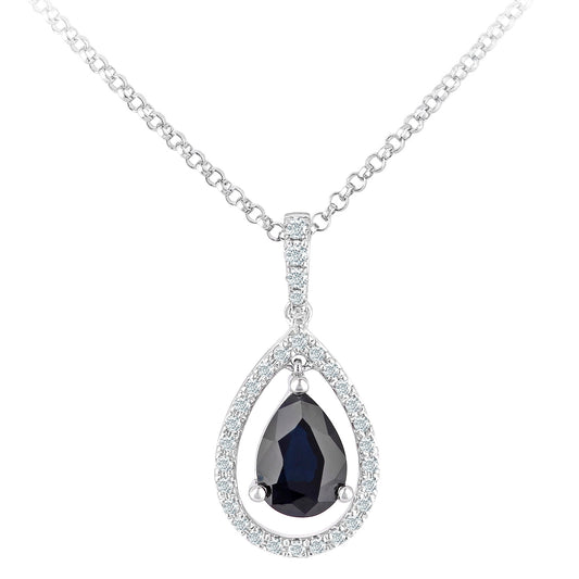 18ct White Gold  Diamond Pear 3/4ct Sapphire Teardrop Necklace 16" - DP1AXL608W18SA