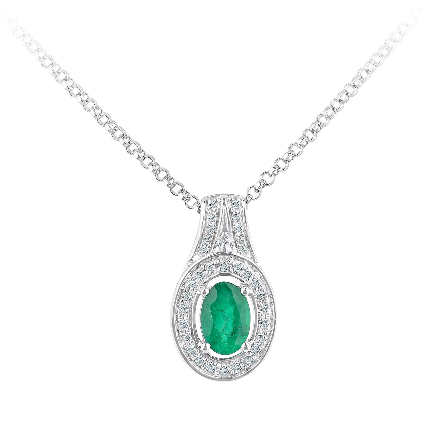 18ct White Gold  Diamond Oval 0.35ct Emerald Cluster Necklace 16" - DP1AXL609W18EM