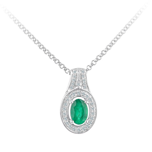 18ct White Gold  Diamond Oval 0.35ct Emerald Cluster Necklace 16" - DP1AXL609W18EM