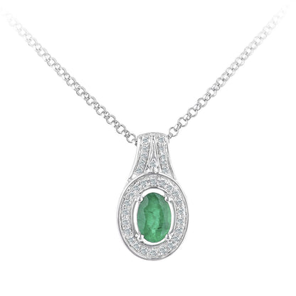 18ct White Gold  Diamond Oval 0.35ct Emerald Cluster Necklace 16" - DP1AXL609W18EM