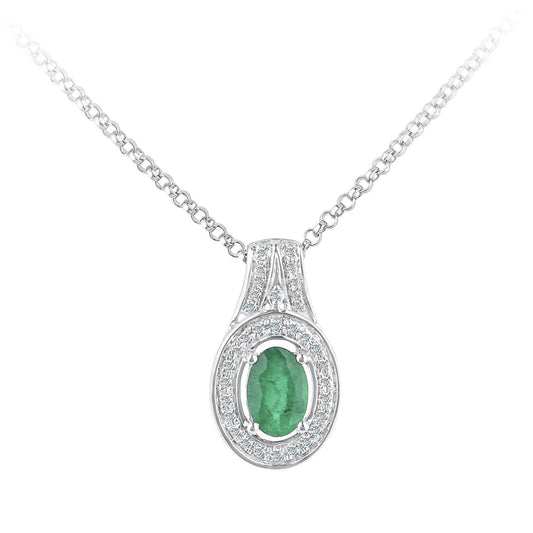 18ct White Gold  Diamond Oval 0.35ct Emerald Cluster Necklace 16" - DP1AXL609W18EM