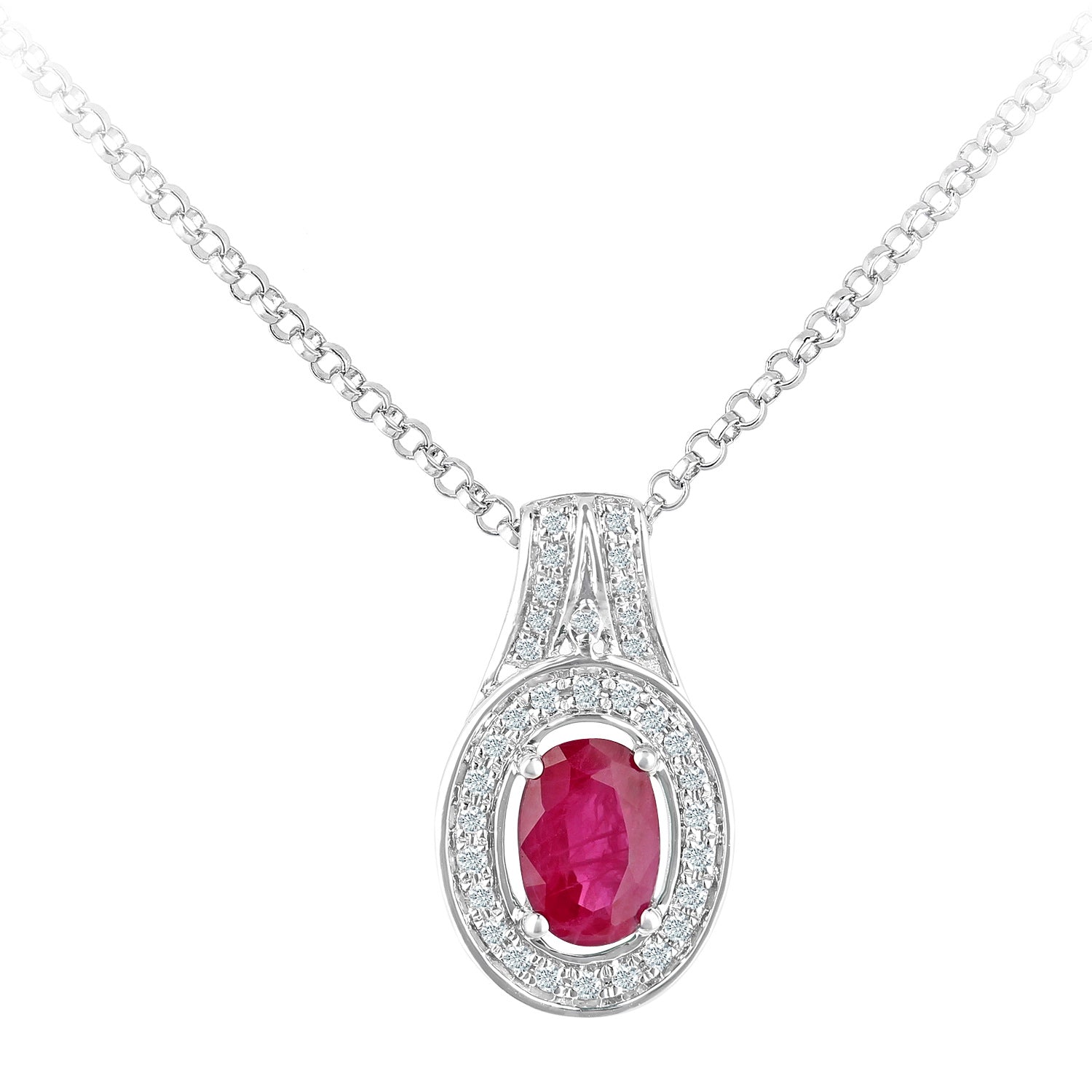 18ct White Gold  Diamond Oval 0.55ct Ruby Cluster Necklace 16" - DP1AXL609W18RU
