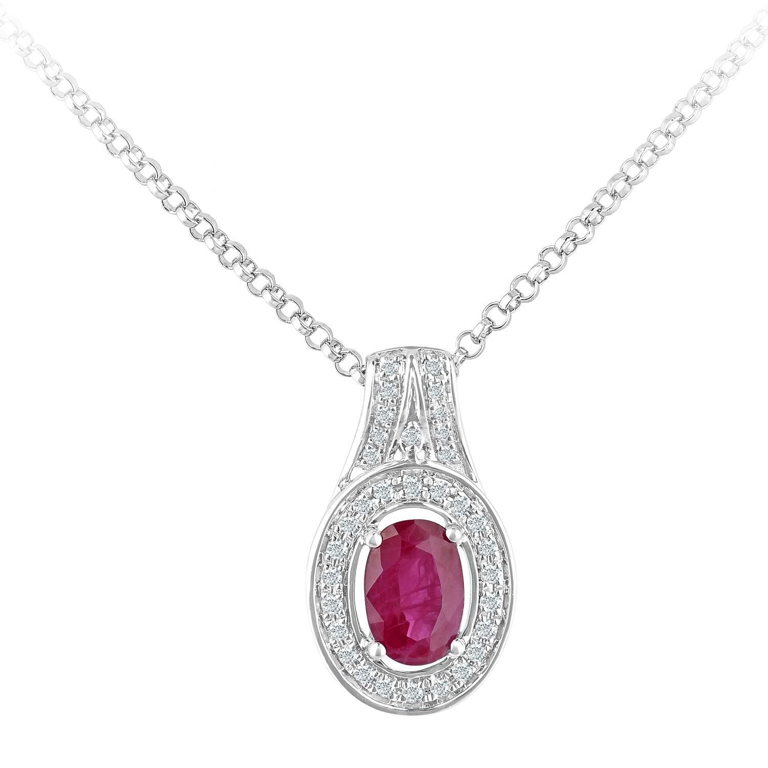 18ct White Gold  Diamond Oval 0.55ct Ruby Cluster Necklace 16" - DP1AXL609W18RU