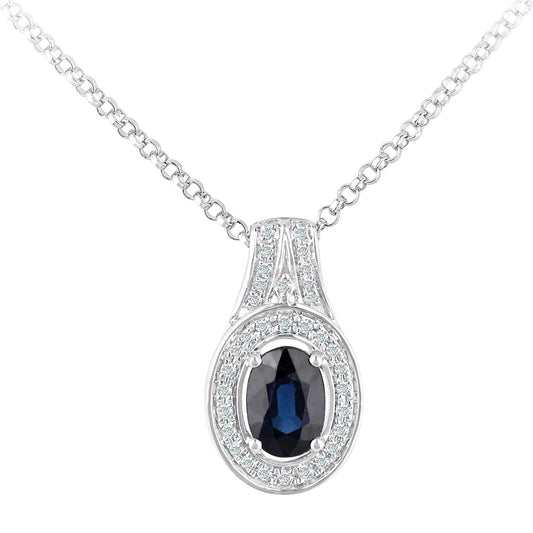 18ct White Gold  Diamond Oval 0.7ct Sapphire Cluster Necklace 16" - DP1AXL609W18SA