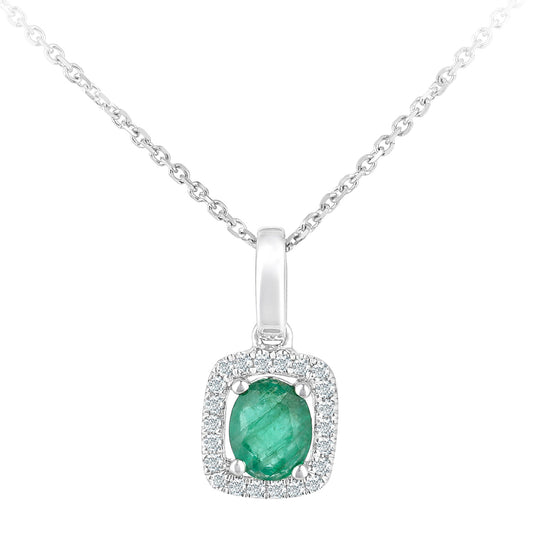 9ct White Gold  Diamond Oval 0.3ct Emerald Cluster Necklace 16" - DP1AXL611WEM