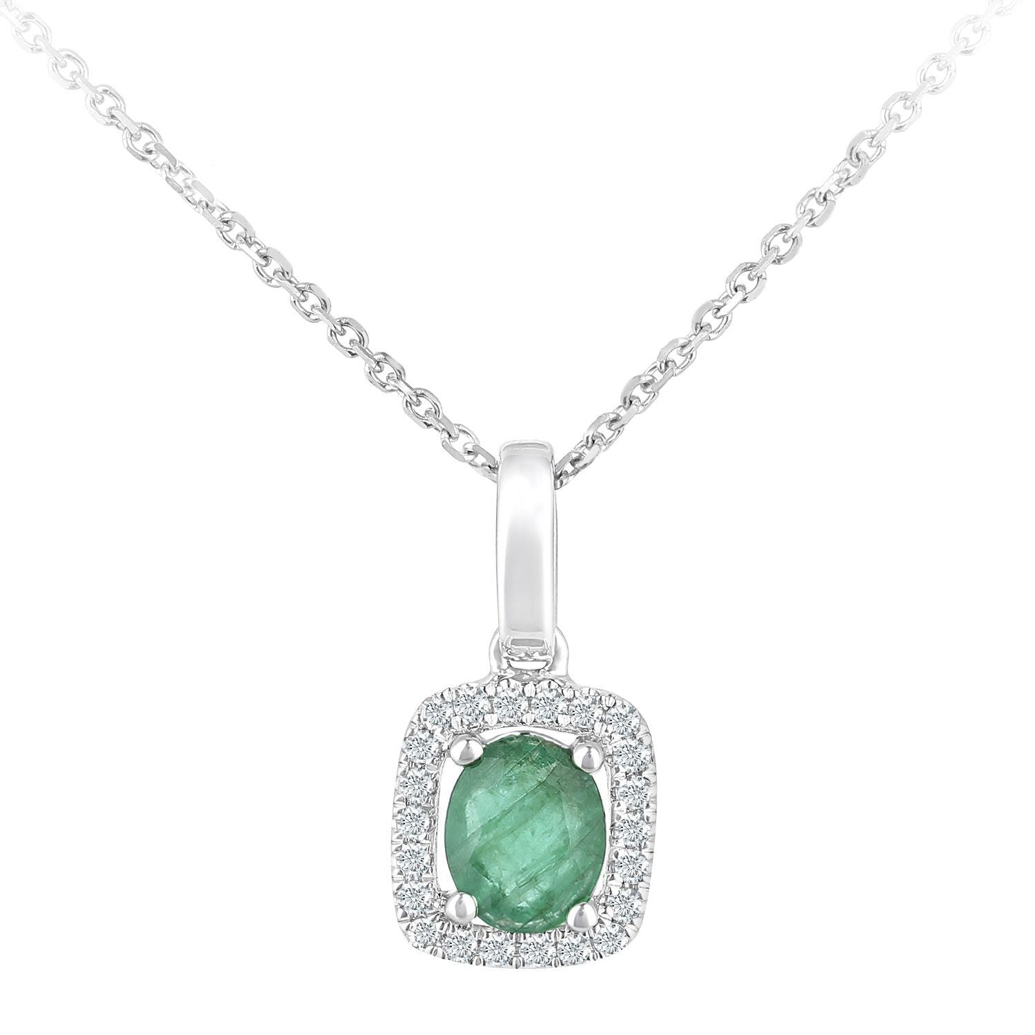 9ct White Gold  Diamond Oval 0.3ct Emerald Cluster Necklace 16" - DP1AXL611WEM