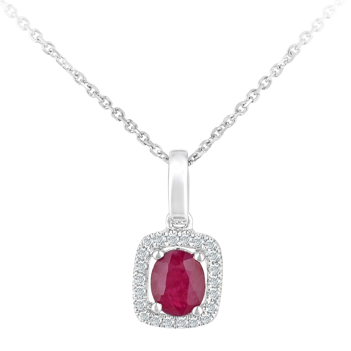 9ct White Gold  5pts Diamond Oval 0.38ct Ruby Cluster Necklace 16" - DP1AXL611WRU