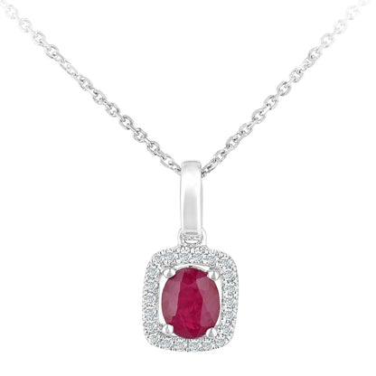 9ct White Gold  5pts Diamond Oval 0.38ct Ruby Cluster Necklace 16" - DP1AXL611WRU