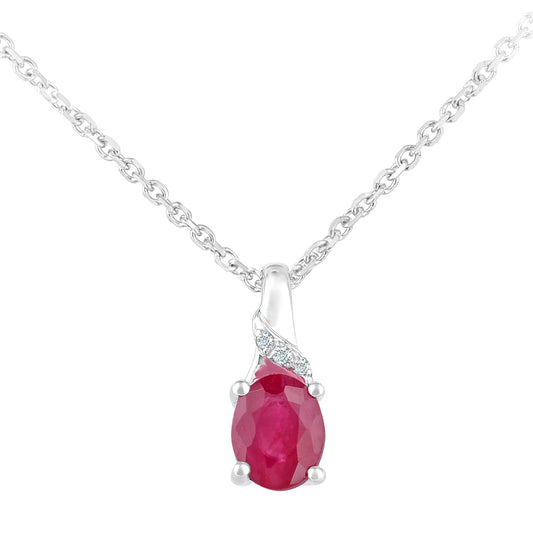 9ct White Gold  1pts Diamond Oval 0.43ct Ruby Cluster Necklace 16" - DP1AXL612WRU