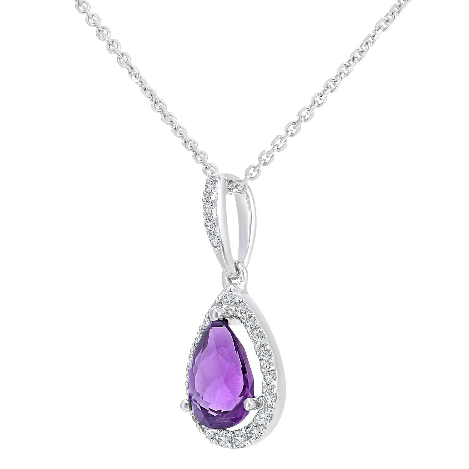 9ct White Gold  Diamond Pear 0.6ct Amethyst Teardrop Necklace 16" - DP1AXL618WAM
