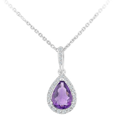 9ct White Gold  Diamond Pear 0.6ct Amethyst Teardrop Necklace 16" - DP1AXL618WAM