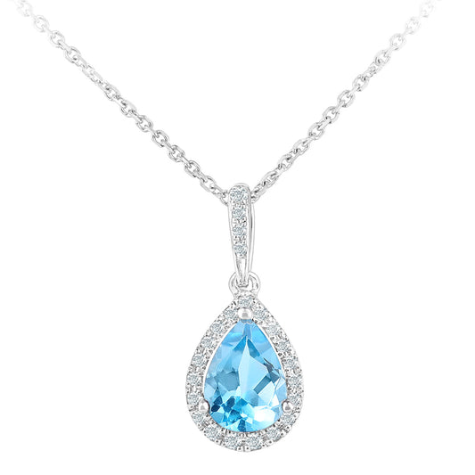 9ct White Gold  Diamond Pear Blue Topaz Teardrop Necklace 16" - DP1AXL618WBT