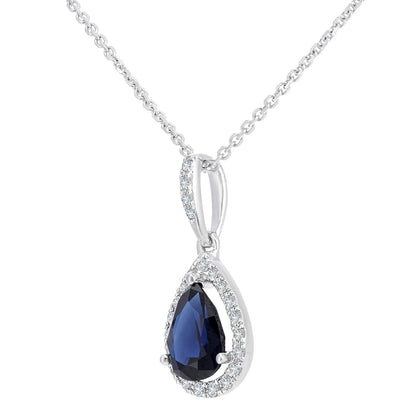 9ct White Gold  Diamond Pear 0.9ct Sapphire Teardrop Necklace 16" - DP1AXL618WSA