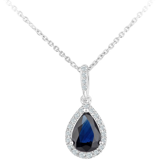 9ct White Gold  Diamond Pear 0.9ct Sapphire Teardrop Necklace 16" - DP1AXL618WSA