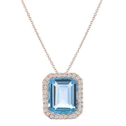 9ct Rose Gold  Diamond Octagon 3.95ct Blue Topaz Necklace 16" - DP1AXL677RBT
