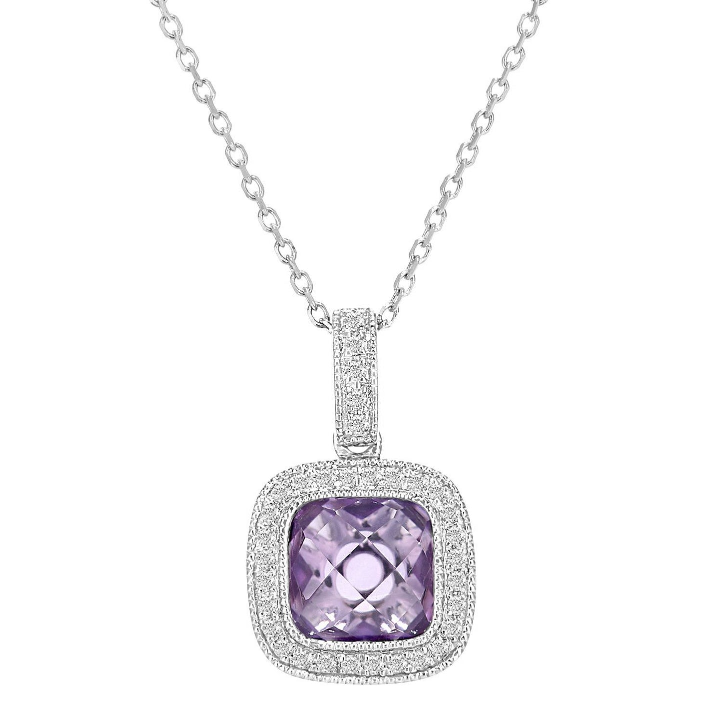 9ct White Gold  10pts Diamond Cushion 1.25ct Amethyst Necklace 16" - DP1AXL679WAM