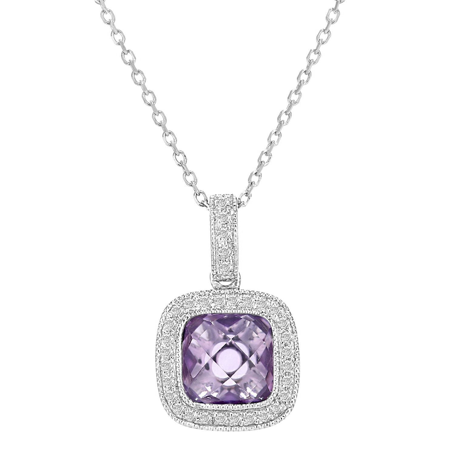 9ct White Gold  10pts Diamond Cushion 1.25ct Amethyst Necklace 16" - DP1AXL679WAM