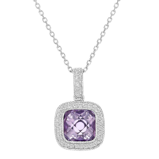 9ct White Gold  10pts Diamond Cushion 1.25ct Amethyst Necklace 16" - DP1AXL679WAM