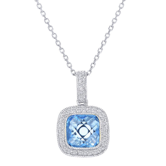 9ct White Gold  Diamond Cushion 1.75ct Blue Topaz Necklace 16" - DP1AXL679WBT