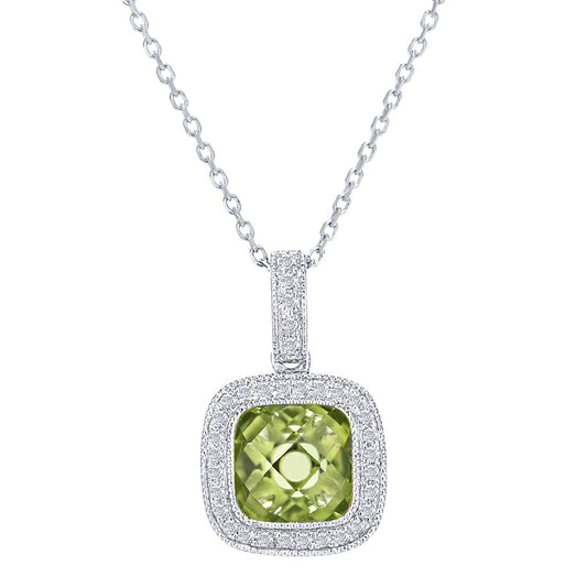 9ct White Gold  10pts Diamond Cushion 1.4ct Peridot Necklace 16" - DP1AXL679WPD