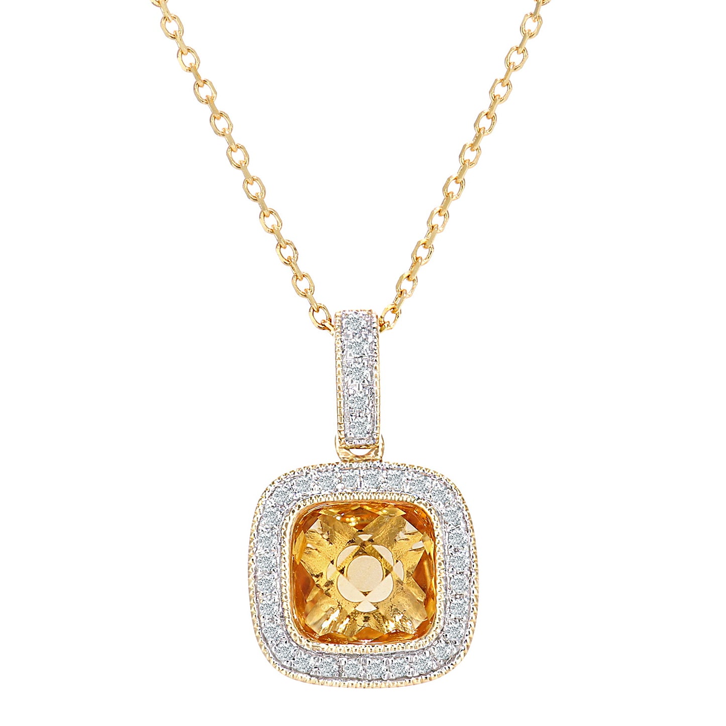 9ct Gold  10pts Diamond Cushion 1.15ct Citrine Necklace 16" - DP1AXL679YCT