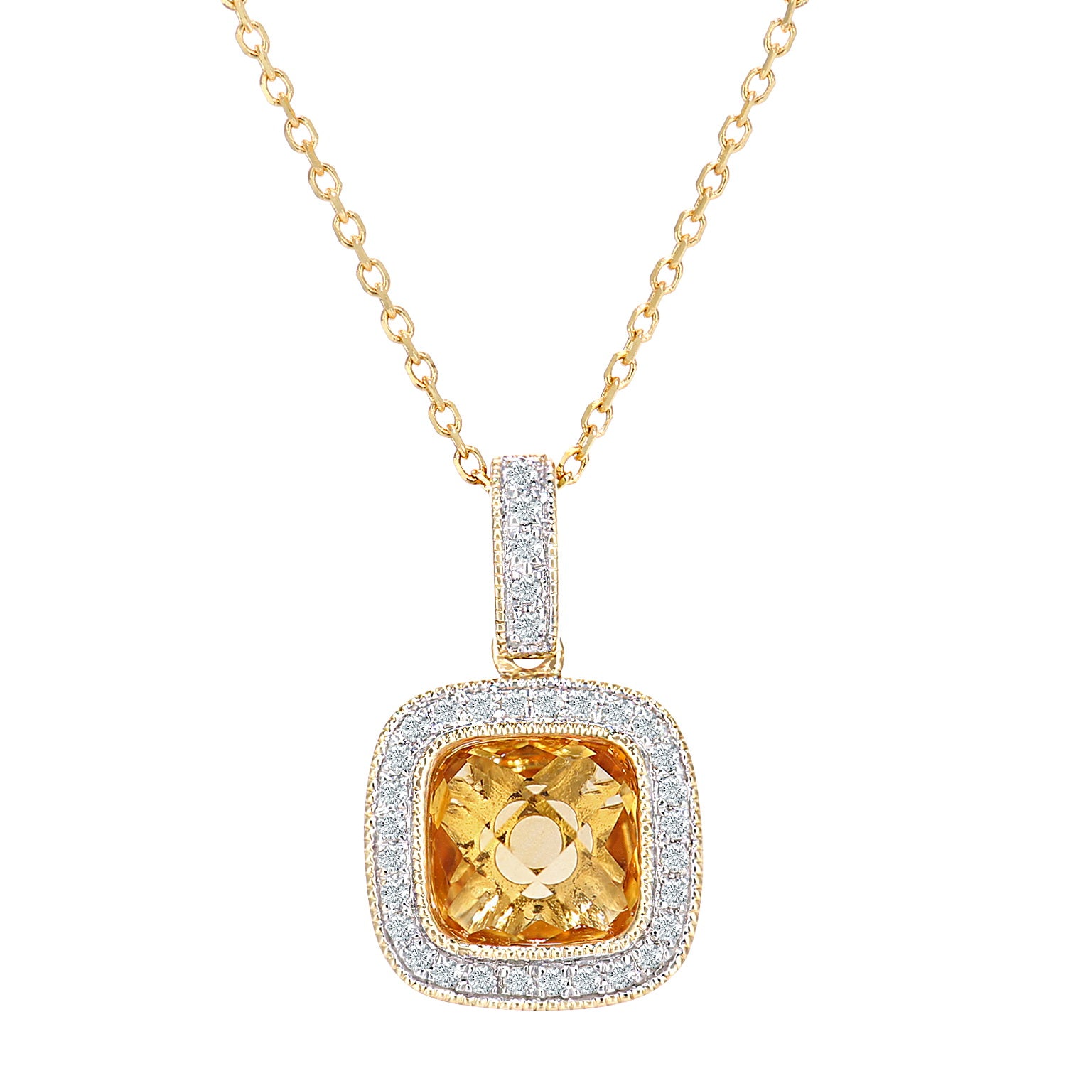 9ct Gold  10pts Diamond Cushion 1.15ct Citrine Necklace 16" - DP1AXL679YCT