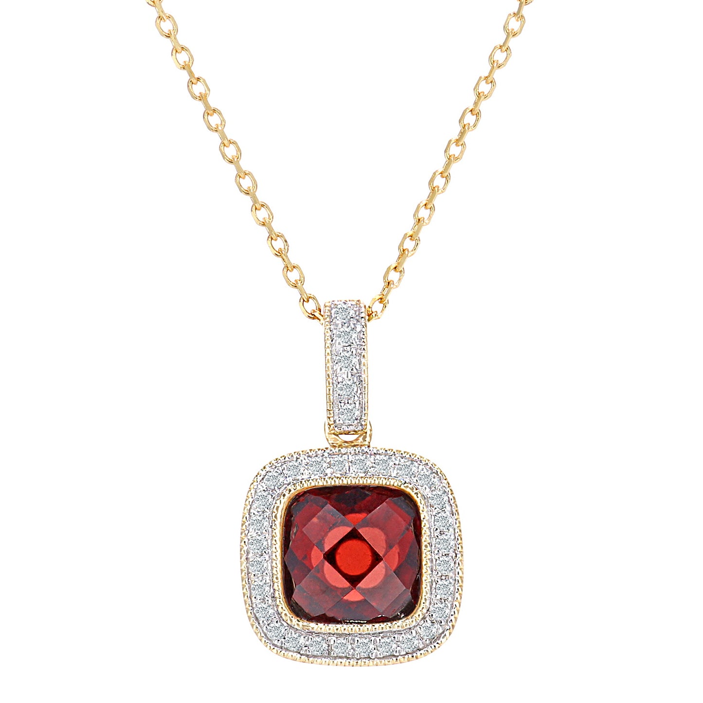 9ct Gold  10pts Diamond Cushion 1.9ct Garnet Pendant Necklace 16" - DP1AXL679YGT