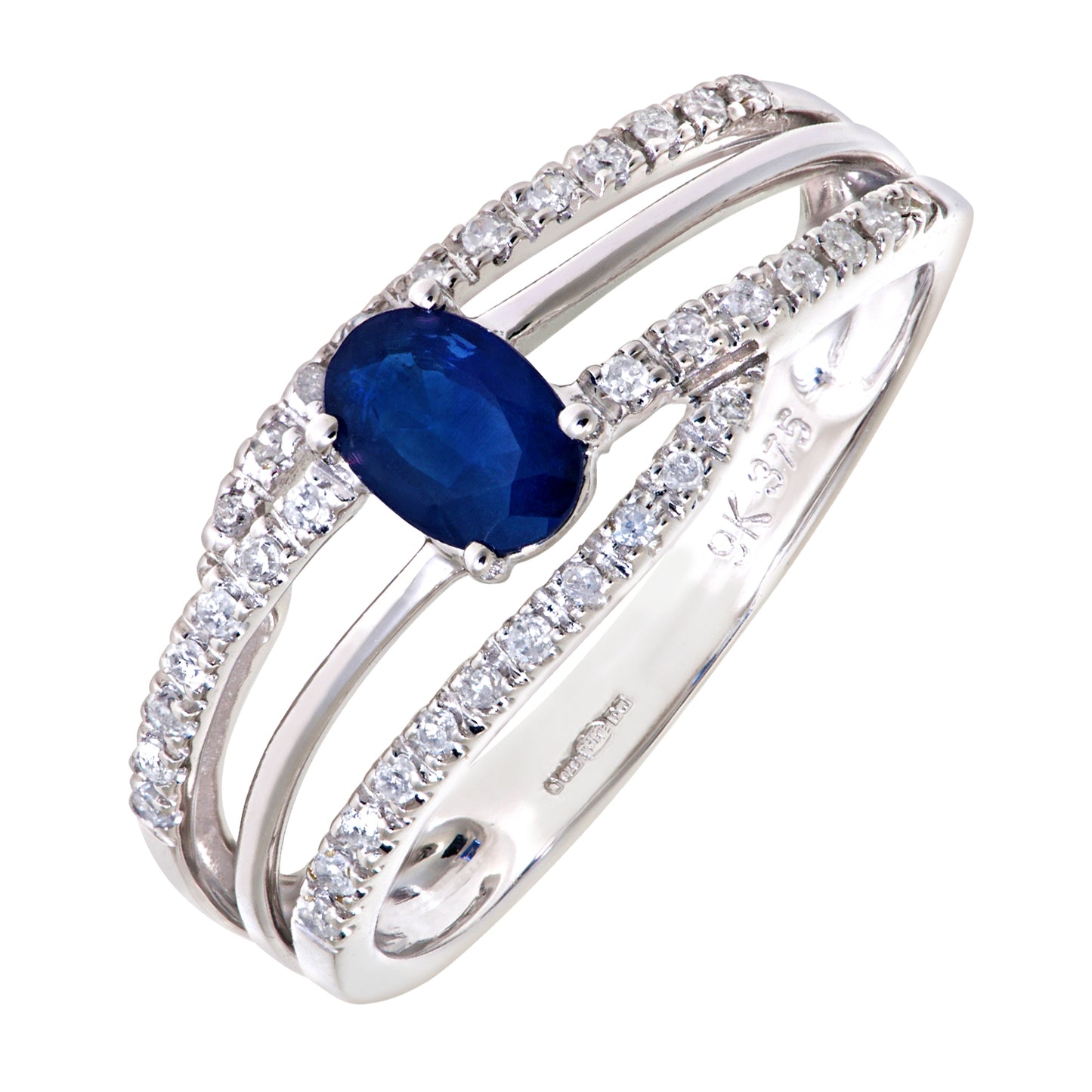 9ct White Gold  Diamond Oval Sapphire Train Track Solitaire Ring - DR1AXL109WSA