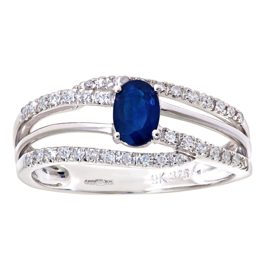 9ct White Gold Diamond Oval Sapphire Train Track Solitaire Ring - DR1AXL109WSA
