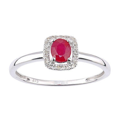 9ct White Gold  Diamond Oval Ruby Square Cushion Halo Cluster Ring - DR1AXL611WRU