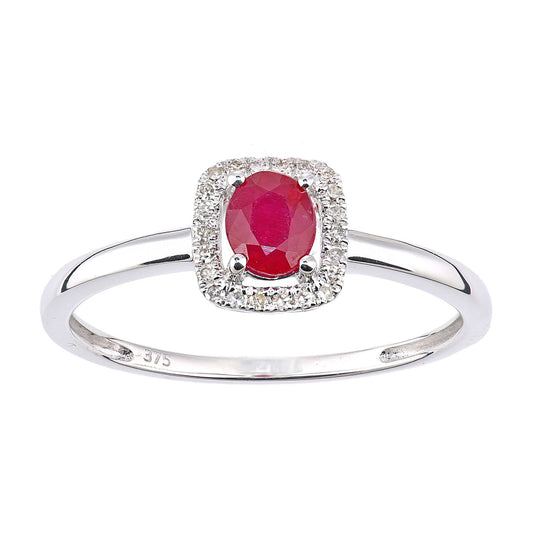 9ct White Gold  Diamond Oval Ruby Square Cushion Halo Cluster Ring - DR1AXL611WRU