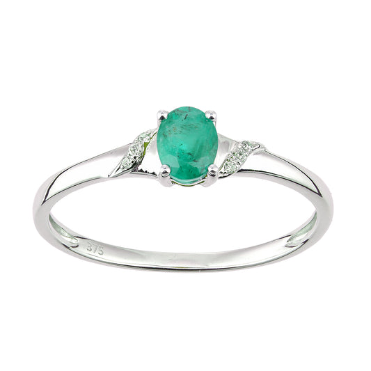 9ct White Gold  Diamond Oval 0.35ct Emerald Ribbon Solitaire Ring - DR1AXL612WEM
