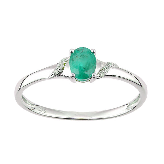9ct White Gold Diamond Oval 0.35ct Emerald Ribbon Solitaire Ring - DR1AXL612WEM