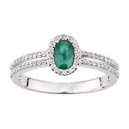 18ct White Gold  Diamond Oval 0.45ct Emerald Halo Cluster Ring - DR1AXL615W18EM