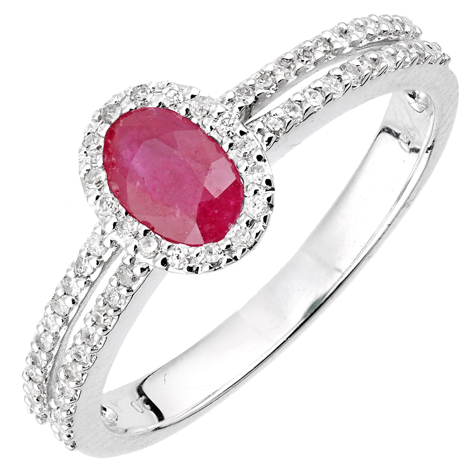 18ct White Gold  20pts Diamond Oval 0.6ct Ruby Halo Cluster Ring - DR1AXL615W18RU