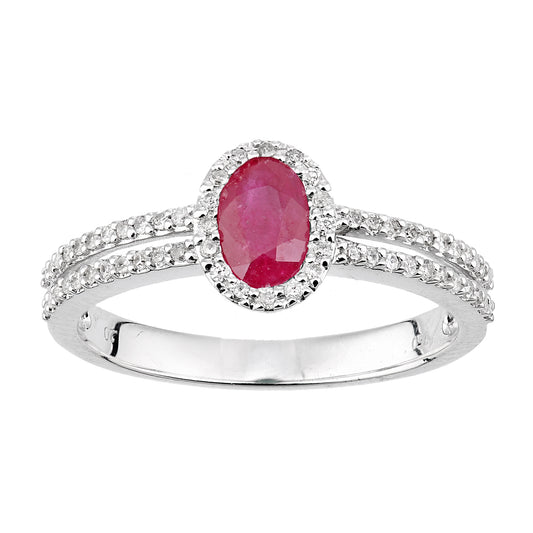 18ct White Gold  20pts Diamond Oval 0.6ct Ruby Halo Cluster Ring - DR1AXL615W18RU