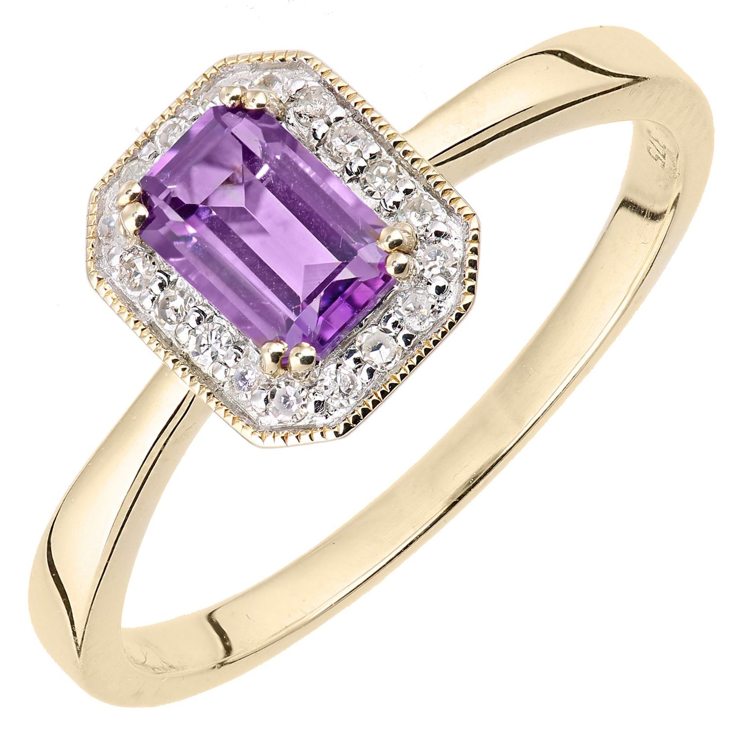 9ct Gold  Diamond Octagon Amethyst Octagon Mill Grain Halo Ring - DR1AXL619YAM