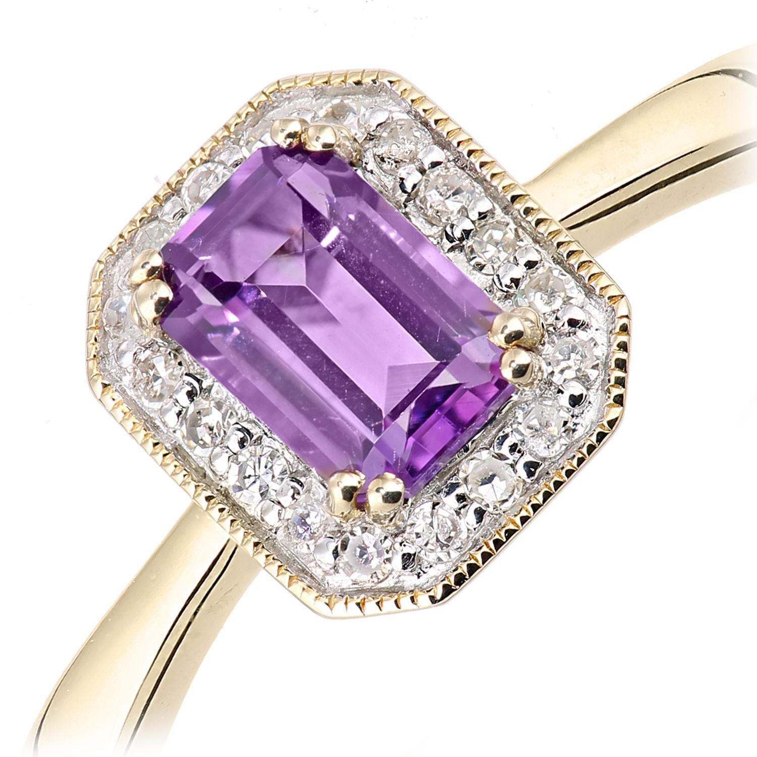 9ct Gold  Diamond Octagon Amethyst Octagon Mill Grain Halo Ring - DR1AXL619YAM