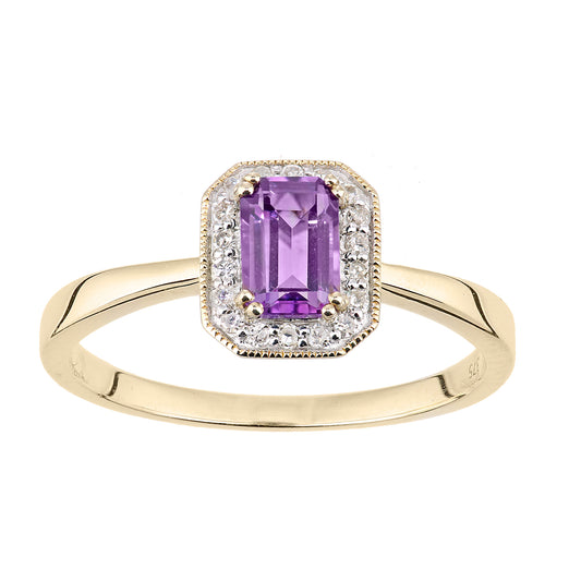 9ct Gold  Diamond Octagon Amethyst Octagon Mill Grain Halo Ring - DR1AXL619YAM