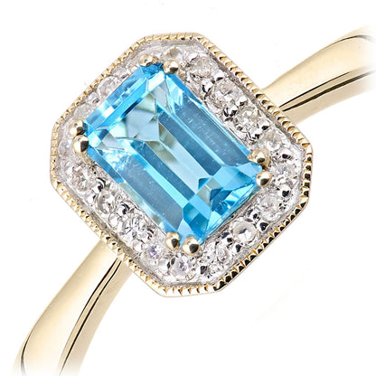 9ct Gold  Diamond Octagon Blue Topaz Octagon Mill Grain Halo Ring - DR1AXL619YBT