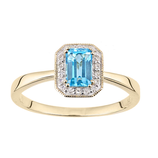 9ct Gold  Diamond Octagon Blue Topaz Octagon Mill Grain Halo Ring - DR1AXL619YBT
